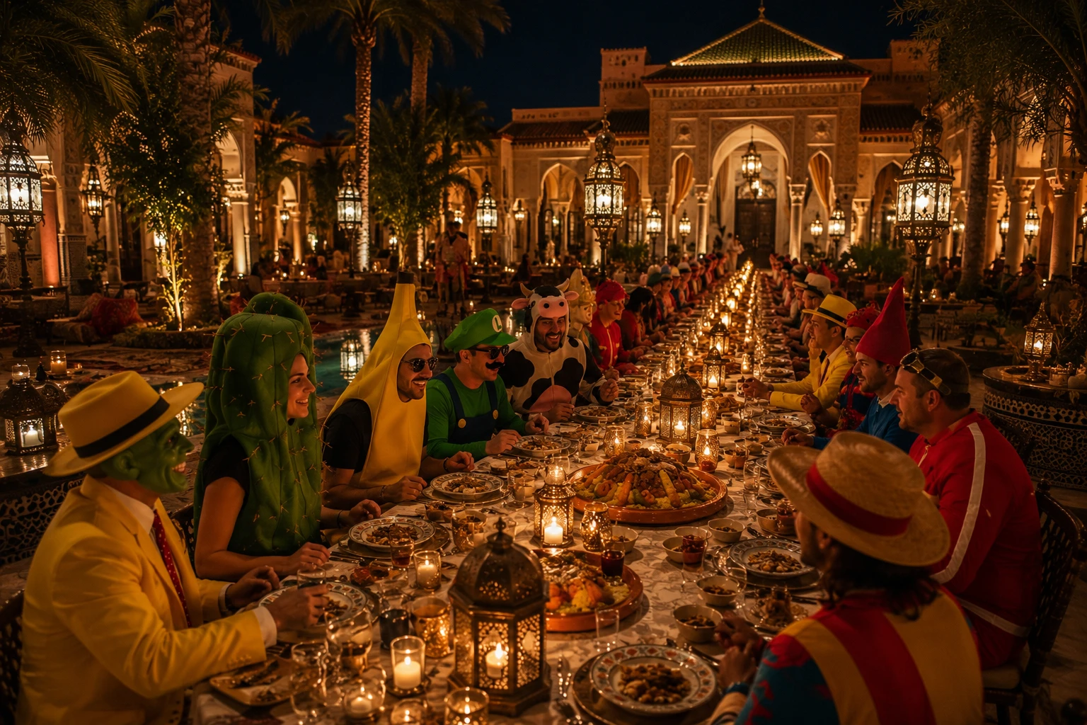 A long candlelit table in a palace courtyard, guests in costumes