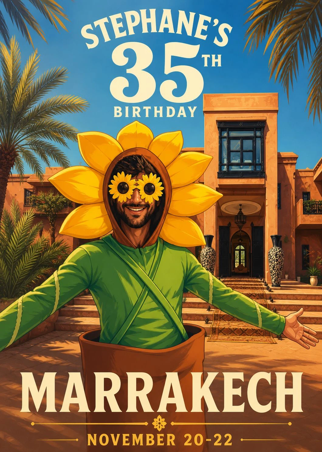 Stephane in a sunflower costume in front of a Marrakech villa
